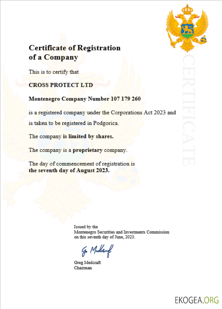 Modèle Word et PDF de certificat d'enregistrement de société au Monténégro